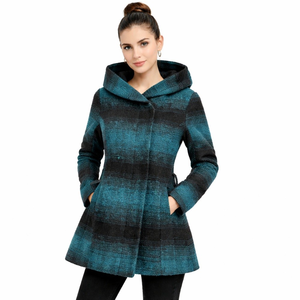 Mossimo Teal Blk Hooded Coat M Medium Textured Plaid Soft Tailored Layer No Belt